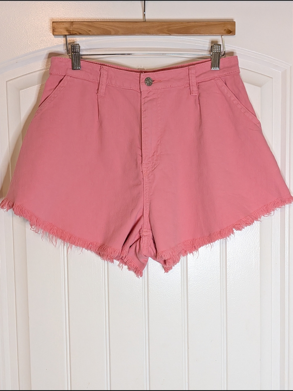 Mustard Seed Pink Denim High Rise Frayed Hem Shorts